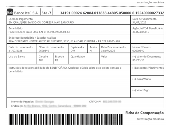 Exemplo de boleto oficial com dados do beneficiário Pneufree.com Brasil Ltda