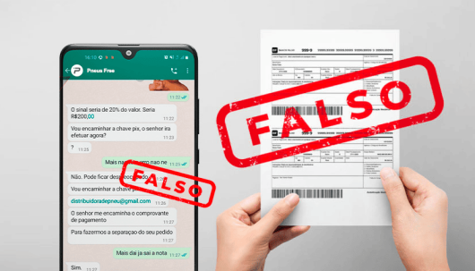 Exemplo de abordagem falsa por WhatsApp e boleto marcado como FALSO